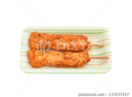 Skewered Satsumaage (with squid and octopus) in a pack [White background, cutout] 137037437