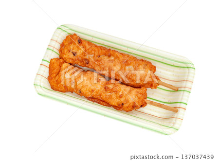 Skewered Satsumaage (with squid and octopus) in a pack [White background, cutout] 137037439