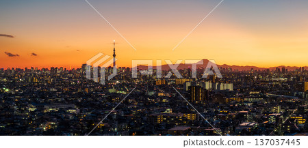Aerial view of Tokyo, Tokyo dyed orange from above near Yagiri Aerial view of Tokyo, Tokyo dyed orange from above near Yagiri 137037445
