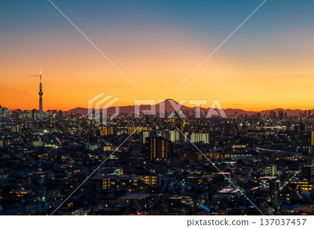 Aerial view of Tokyo, Tokyo dyed orange from above near Yagiri Aerial view of Tokyo, Tokyo dyed orange from above near Yagiri 137037457