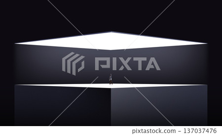 Futuristic composition professional standing on elevated geometric platform. Futuristic composition professional standing on elevated geometric platform. 137037476