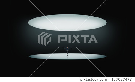 Dramatic poster businessman balancing under massive oval spotlight. 137037478