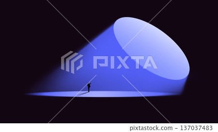 Dramatic poster businessman reaching toward illuminated oval spotlight. 137037483