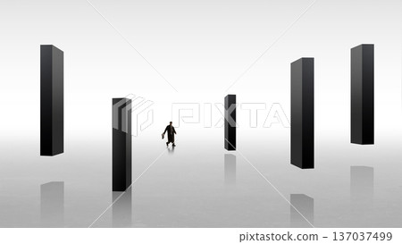 Minimalist artwork businessman walking between black pillars in abstract space. Minimalist artwork businessman walking between black pillars in abstract space. 137037499
