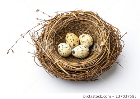 Spring time.Birds nest made of twigs with eggs Spring time.Birds nest made of twigs with eggs 137037585