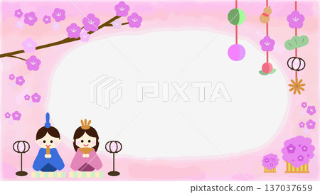 Cute background frame for Hinamatsuri (hina dolls and plum blossoms) 137037659