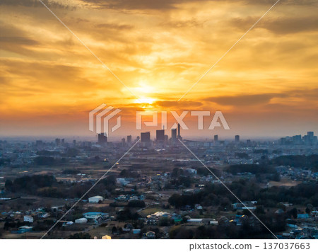 Aerial view of Saitama New Urban Center and the sunset in Saitama City, Saitama Prefecture 137037663