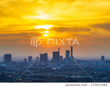 Aerial view of Saitama New Urban Center and the sunset in Saitama City, Saitama Prefecture Aerial view of Saitama New Urban Center and the sunset in Saitama City, Saitama Prefecture 137037664