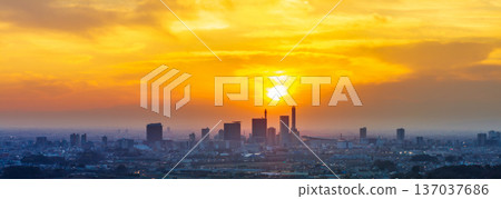 Aerial view of Saitama New Urban Center and the sunset in Saitama City, Saitama Prefecture 137037686