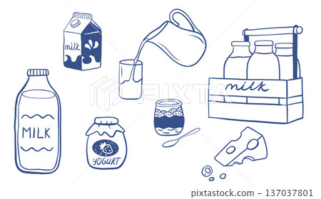 Hand drawn milk doodle sketch set. Milk, yogurt, cheese menu icon collection. 137037801