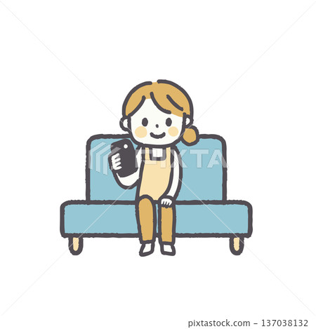 一組插圖，描繪了一位身穿圍裙坐在沙發上的女士 137038132