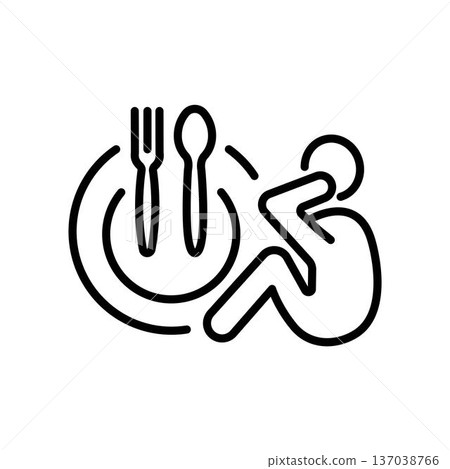 Hunger person icon, poverty, hunger concept, thin line symbol isolated on white background, editable stroke. 137038766