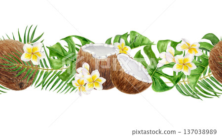 Seamless watercolor tropical border with coconuts, plumeria flowers and palm leaves. Hand painted island banner design for travel agencies, beach resorts, destination weddings and summer marketing. 137038989