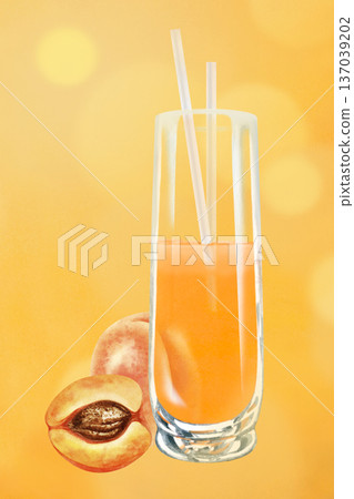 Watercolor summer poster with glass of apricot juice in transparent glass and fresh ripe apricot fruit on warm gradient background for drink advertising, cafe menu design, restaurant posters, healthy Watercolor summer poster with glass of apricot juice in transparent glass and fresh ripe apricot fruit on warm gradient background for drink advertising, cafe menu design, restaurant posters, healthy 137039202