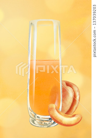 Watercolor summer poster with glass of apricot juice in transparent glass and fresh ripe apricot fruit on warm gradient background for drink advertising, cafe menu design, restaurant posters, healthy Watercolor summer poster with glass of apricot juice in transparent glass and fresh ripe apricot fruit on warm gradient background for drink advertising, cafe menu design, restaurant posters, healthy 137039203