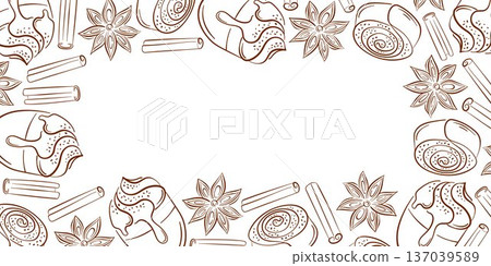 Border pattern with cinnamon roll, sticks, coffee drink and star anise in line art style. Hand drawn illustration on white background for bakery packaging, menu and festive design. 137039589