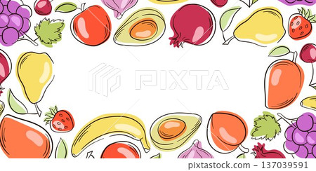 Colorful fruit border illustration with apple, banana, pear, avocado, grapes and strawberry in flat style. Hand drawn background frame isolated on white for food design, packaging, cards and menu. 137039591