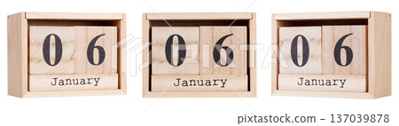 Wooden calendar, a set of dates of the month 06 January, on a white and transparent background Wooden calendar, a set of dates of the month 06 January, on a white and transparent background 137039878