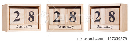 Wooden calendar, a set of dates of the month 28 January, on a white and transparent background Wooden calendar, a set of dates of the month 28 January, on a white and transparent background 137039879