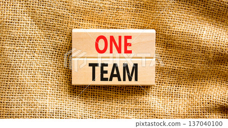 One team symbol. Concept word One team on beautiful wooden blocks. Beautiful canvas background. Business one team concept. Copy space. One team symbol. Concept word One team on beautiful wooden blocks. Beautiful canvas background. Business one team concept. Copy space. 137040100