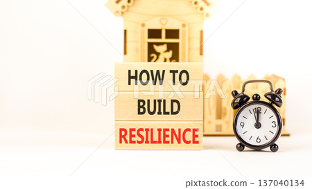 How to build resilience symbol. Concept words How to build resilience on beautiful wooden blocks. Beautiful white background. Black alarm clock. Business how to build resilience concept. Copy space 137040134