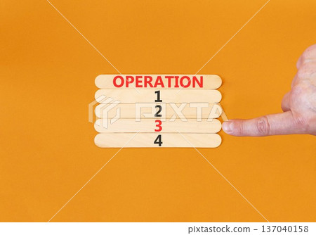 Time to operation 3 symbol. Concept word Operation 1 2 3 4 on beautiful wooden sticks. Businessman's hand. Beautiful orange background. Business planning and time to operation 3 concept. Copy space. Time to operation 3 symbol. Concept word Operation 1 2 3 4 on beautiful wooden sticks. Businessman's hand. Beautiful orange background. Business planning and time to operation 3 concept. Copy space. 137040158