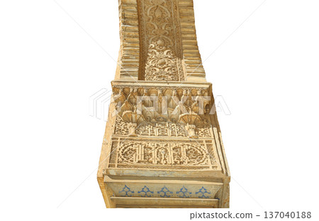 Columns in Islamic (Moorish) style in Alhambra (carved on white background), Granada, Spain Columns in Islamic (Moorish) style in Alhambra (carved on white background), Granada, Spain 137040188