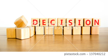 Decision word symbol. Concept word Decision on beautiful wooden blocks. Beautiful wooden table white background. Business support help decision word concept. Copy space. Decision word symbol. Concept word Decision on beautiful wooden blocks. Beautiful wooden table white background. Business support help decision word concept. Copy space. 137040212