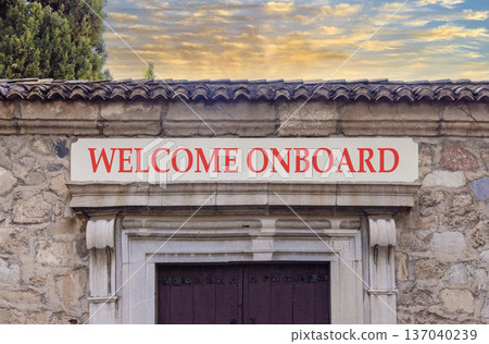 Welcome onboard symbol. Concept words Welcome onboard on beautiful big marble white sign plate. Beautiful old stone wall background. Business, motivational welcome onboard concept. Copy space. Welcome onboard symbol. Concept words Welcome onboard on beautiful big marble white sign plate. Beautiful old stone wall background. Business, motivational welcome onboard concept. Copy space. 137040239