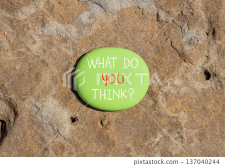 Support, help what do you think symbol. Concept words What do you think on beautiful green stone. Beautiful brown stone background. Business what do you think concept. Copy space. 137040244