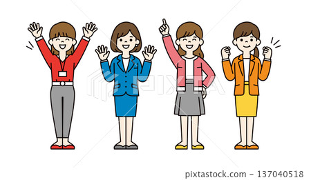 一組包含多位年齡在20至30歲之間的女性員工、女商人及職業婦女的全身向量插圖。 137040518