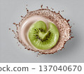 Ripe kiwi slice diving into cocoa-swirled yogurt, generating dynamic splash with vivid green fruit contrasting creamy white background 137040670