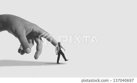 Conceptual mixed media giant hand manipulating small human figure. Conceptual mixed media giant hand manipulating small human figure. 137040697