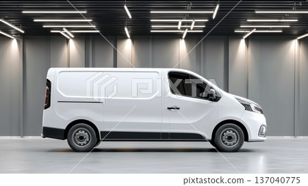 Design mockup of a delivery van in a spacious studio with modern lighting setup 137040775