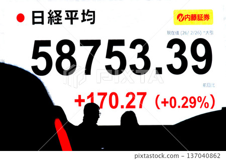 Tokyo Cityscape in Japan hits record high of 58,753 yen 39 yen stock price/closing price. Temporarily reached the 59,000 yen range for the first time on February 26th 137040862