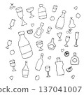 Hand-drawn set of bottles with apples, cherries, lemons, and hearts.  137041007