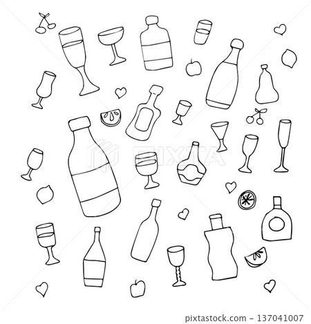 Hand-drawn set of bottles with apples, cherries, lemons, and hearts. Hand-drawn set of bottles with apples, cherries, lemons, and hearts. 137041007