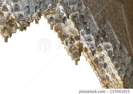 Arches in Islamic (Moorish) style (carved on white background) in Alhambra, Granada, Spain Arches in Islamic (Moorish) style (carved on white background) in Alhambra, Granada, Spain 137041055