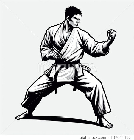 Kyokushin fullcontact karateka in dogi. Power, aggressive fighter in fight. Generation of AI Kyokushin fullcontact karateka in dogi. Power, aggressive fighter in fight. Generation of AI 137041192
