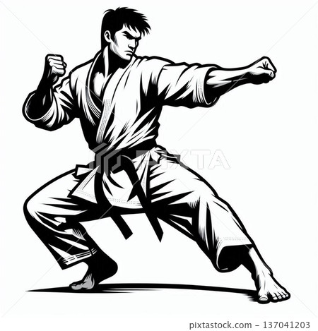 Kyokushin fullcontact karateka in dogi. Power, aggressive fighter in fight. Generation of AI 137041203