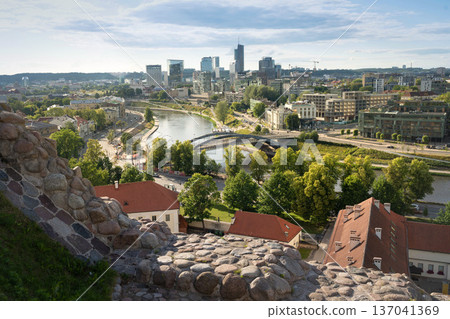 VILNIUS, LITHUANIA - JUNE 15, 2024: A panoramic cityscape view showing the mix of modern high-rise architecture and historic buildings in the downtown area of Vilnius, captured during the summer. VILNIUS, LITHUANIA - JUNE 15, 2024: A panoramic cityscape view showing the mix of modern high-rise architecture and historic buildings in the downtown area of Vilnius, captured during the summer. 137041369