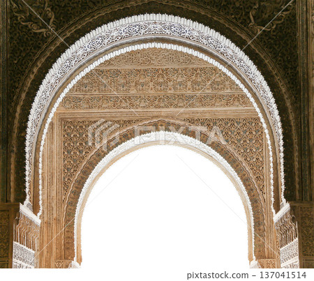 Arches in Islamic (Moorish) style (carved on white background) in Alhambra, Granada, Spain Arches in Islamic (Moorish) style (carved on white background) in Alhambra, Granada, Spain 137041514