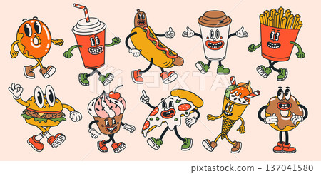 Groovy street food cartoon character set with retro burger, donut, fries, soda, pizza slice, hot dog and ice cream in playful vintage style. Great for stickers, merch and fun print 137041580