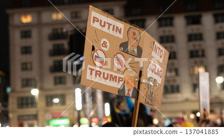 Handmade Protest Sign Targets Putin and Trump at Pro-Ukraine Rally in Berlin Handmade Protest Sign Targets Putin and Trump at Pro-Ukraine Rally in Berlin 137041885