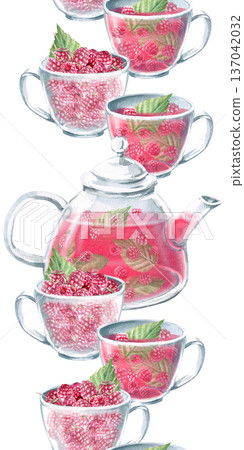 A seamless vertical border with a teapot, cups, and raspberries. Isolated watercolor illustration for herbal tea packaging branding, restaurant menus, kitchenware designs, and postcards. 137042032