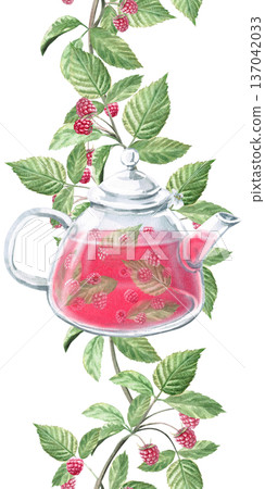 A seamless vertical border with raspberry branches and a teapot with tea, berries. Isolated watercolor illustration for branding herbal tea packaging, restaurant menus, kitchenware designs, postcards. A seamless vertical border with raspberry branches and a teapot with tea, berries. Isolated watercolor illustration for branding herbal tea packaging, restaurant menus, kitchenware designs, postcards. 137042033