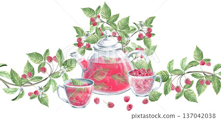 A seamless border featuring a teapot and cups with tea, berries, and raspberry branches. Isolated watercolor illustration for herbal tea packaging branding, restaurant menus, kitchenware designs. A seamless border featuring a teapot and cups with tea, berries, and raspberry branches. Isolated watercolor illustration for herbal tea packaging branding, restaurant menus, kitchenware designs. 137042038