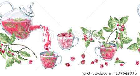 A seamless border with a teapot, cups, raspberry berries, and branches. Isolated watercolor illustration for herbal tea packaging branding, restaurant menus, kitchenware designs, and postcards. A seamless border with a teapot, cups, raspberry berries, and branches. Isolated watercolor illustration for herbal tea packaging branding, restaurant menus, kitchenware designs, and postcards. 137042039