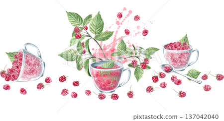 Seamless border with teacups and berries. Isolated watercolor illustration for herbal tea packaging branding, restaurant menus, kitchenware designs, and postcards. 137042040