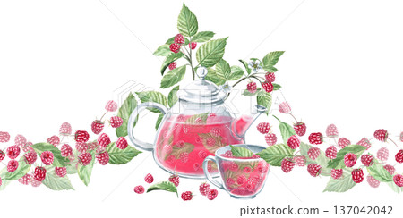 Seamless border with a teapot and cup of raspberry tea. Isolated watercolor illustration for herbal tea packaging branding, restaurant menus, kitchenware design, and postcard and poster printing. 137042042